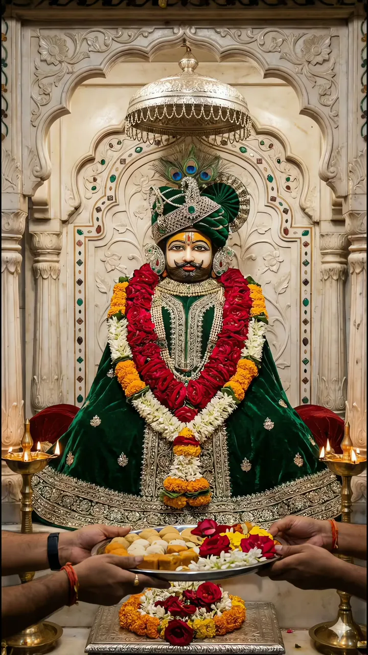 Khatu Shyam Ji Devotional Temple Scene With Floral Offerings