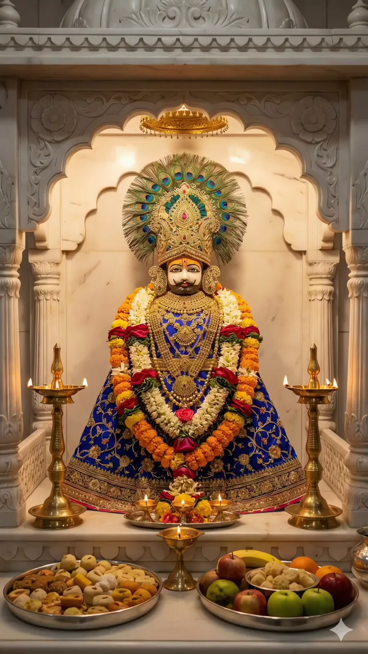 Khatushyam Baba Devotional Temple Scene With Peacock Feather Crown