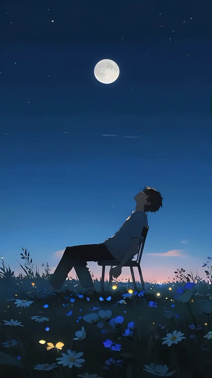 Anime Boy Contemplating Full Moon In Starry Night Field