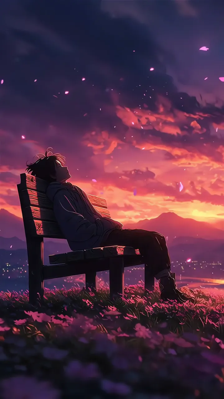 Anime Boy Relaxing On Bench During Pink Cherry Blossom Sunset