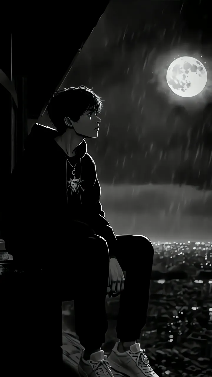 Young Man Contemplating Full Moon During Rainy Night