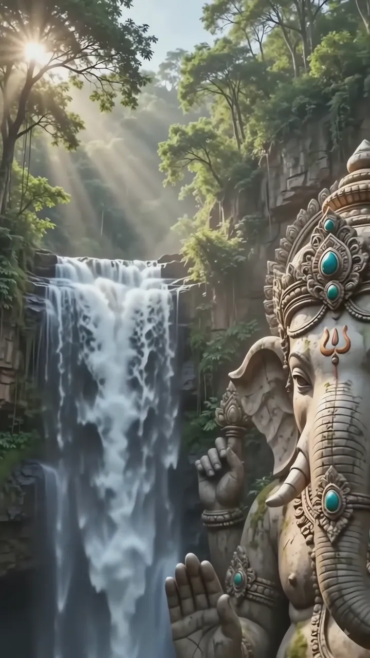 Ganesha Statue With Waterfall And Sunlight In Forest