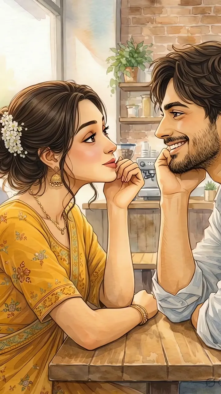 Romantic Anime Couple In Coffee Shop With Yellow Saree