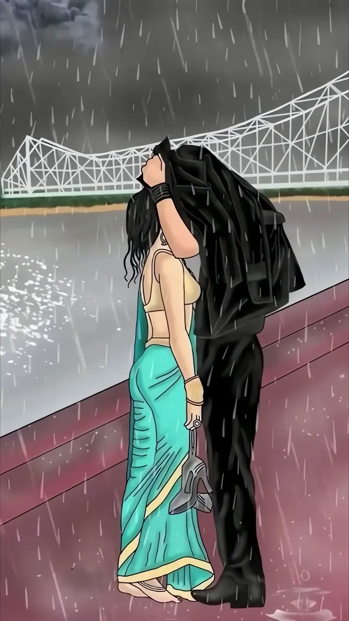Romantic Rain Scene With Woman In Saree And Man In Black Jacket