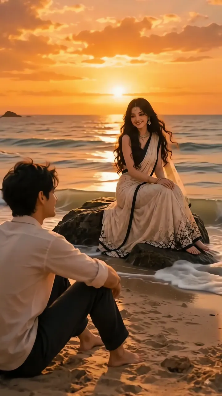 Couple Sunset Beach Romance With Golden Waves And Warm Glow