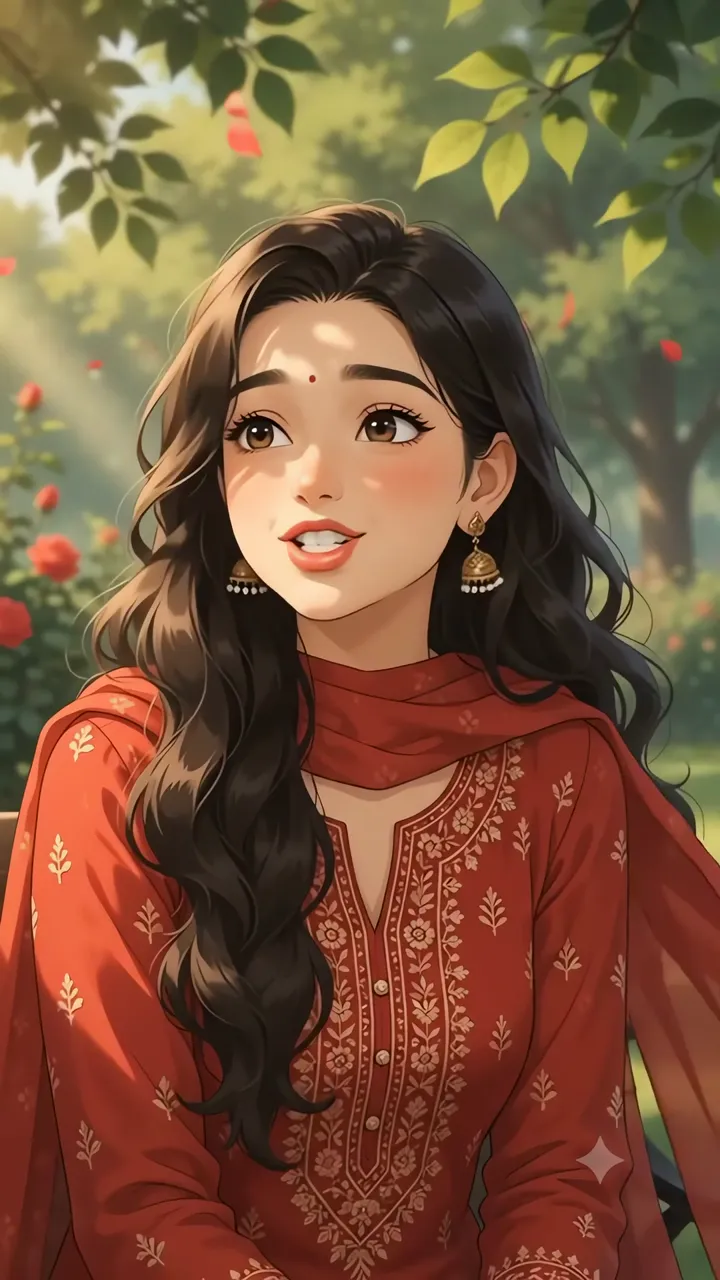 Beautiful Indian Girl In Red Traditional Outfit Garden Scene