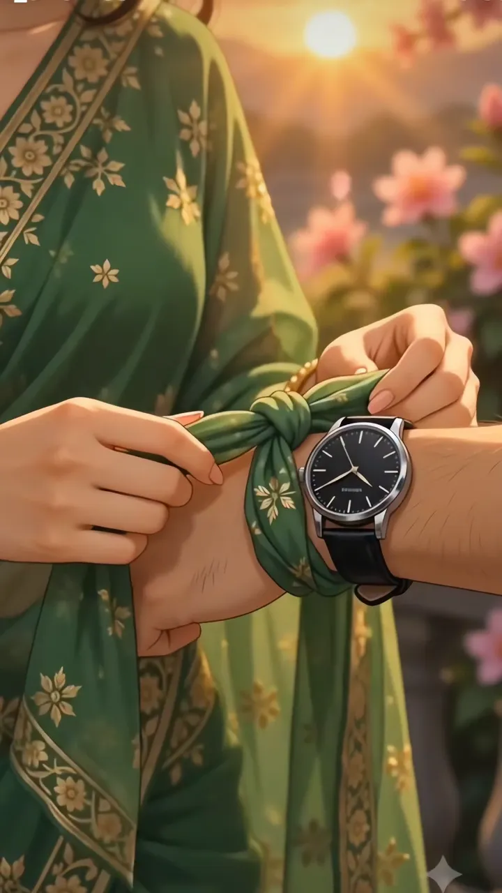 Romantic Indian Couple Tying Scarf At Sunset