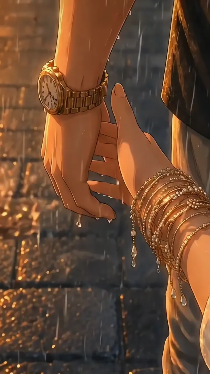 Two Hands Holding In Rain With Gold Watch And Bracelets