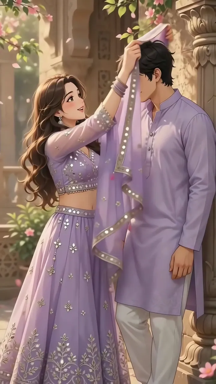 Cute Couple In Purple Lehenga And Kurta Romantic Indian Wedding Scene