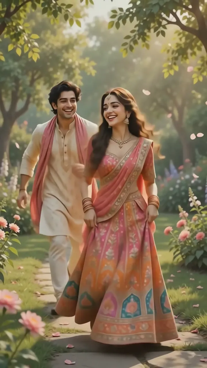 Happy Indian Couple Walking In Garden With Pink Flowers