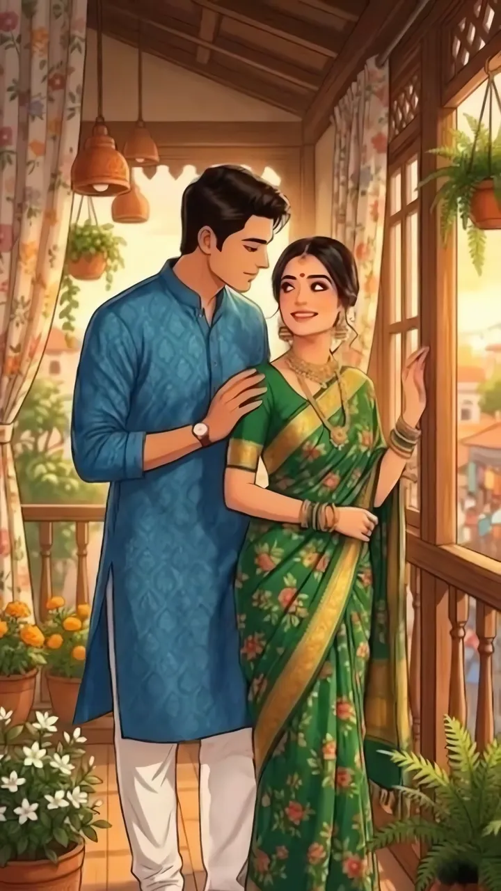 Romantic Couple In Traditional Indian Attire On Balcony