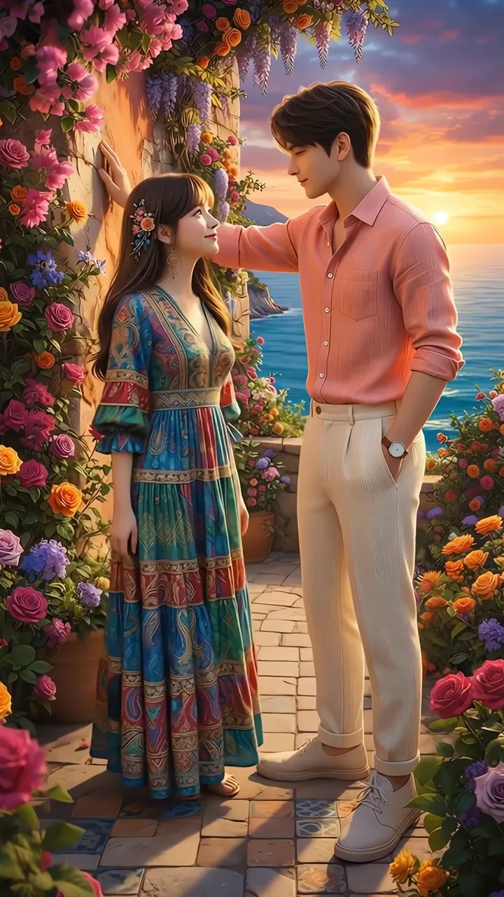 Romantic Couple Sunset Scene With Flower Arch And Ocean View