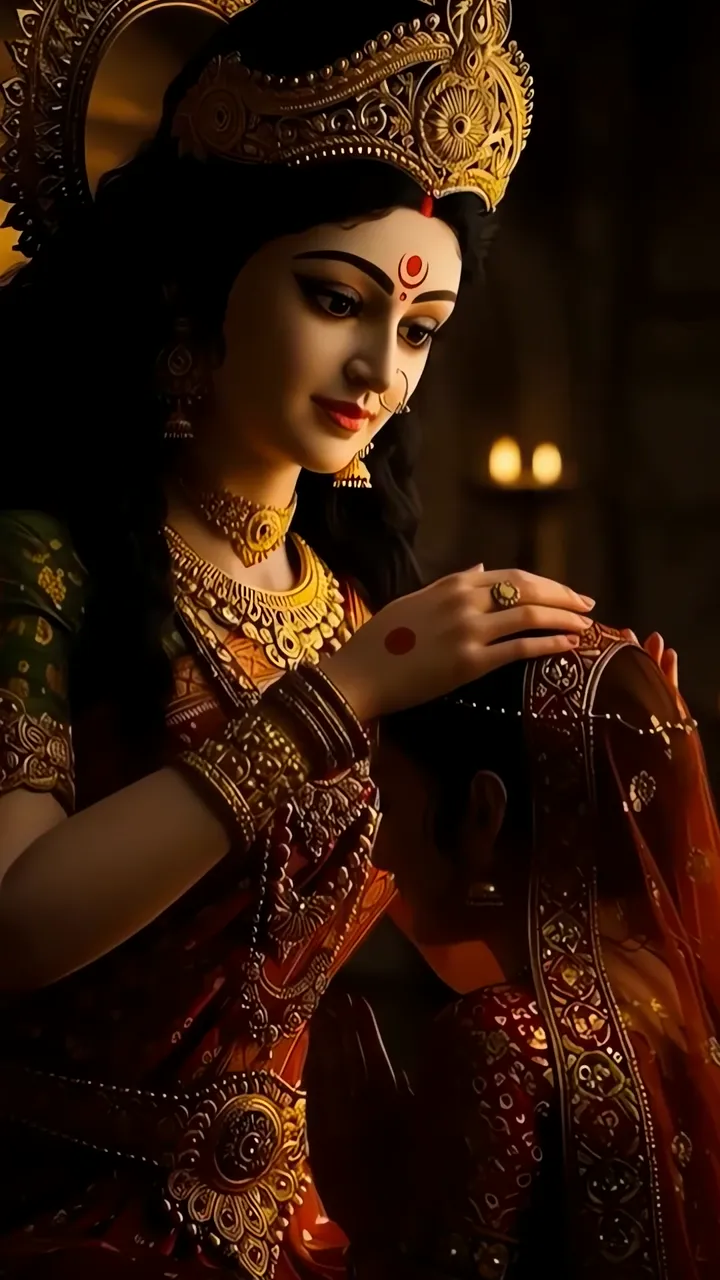 Goddess Durga Devi With Golden Crown And Red Sari