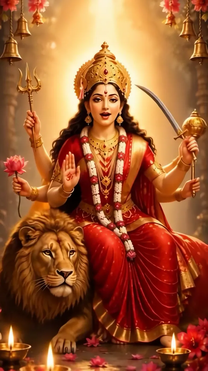Durga Mata With Lion And Divine Weapons In Red Sari