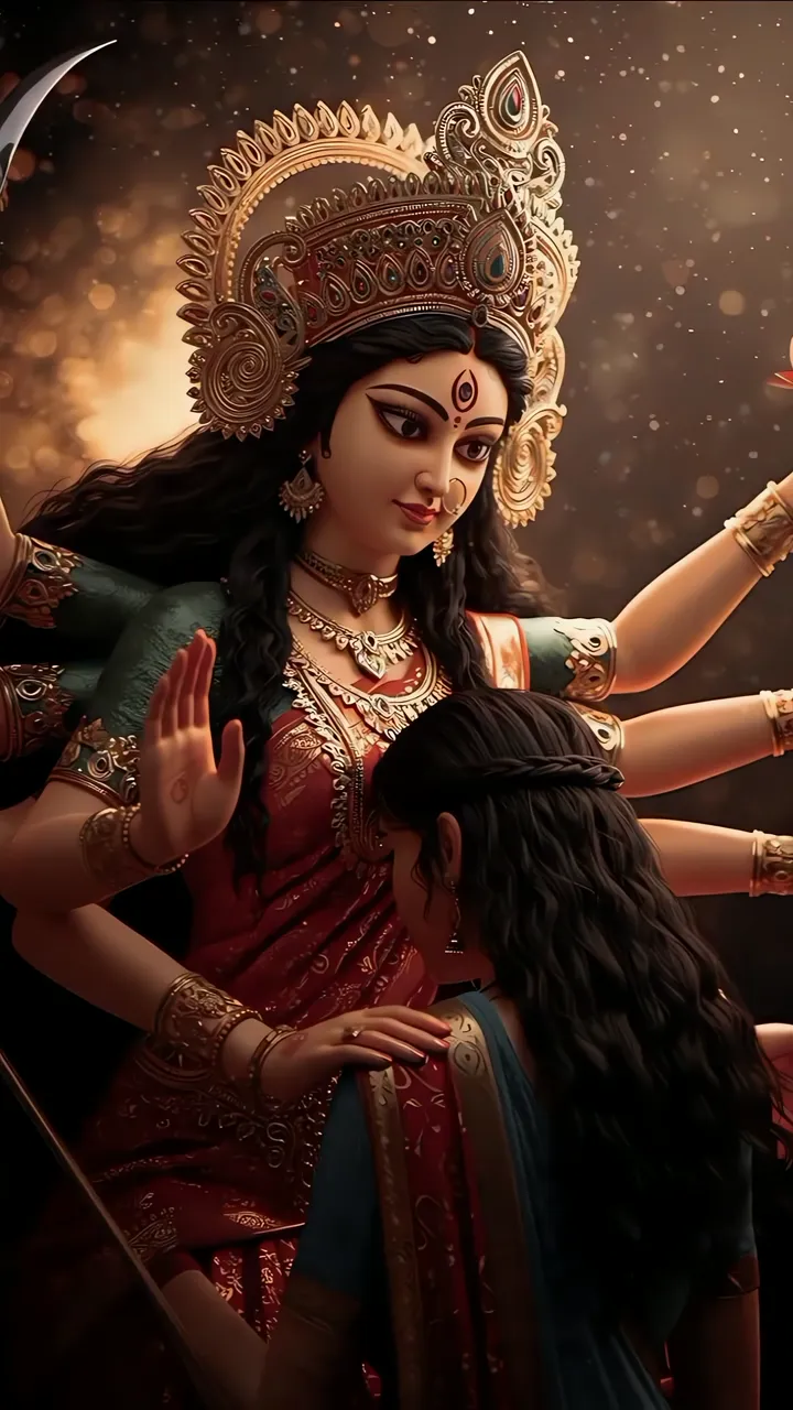 Durga Devi Blessing Devotee With Divine Grace And Golden Crown