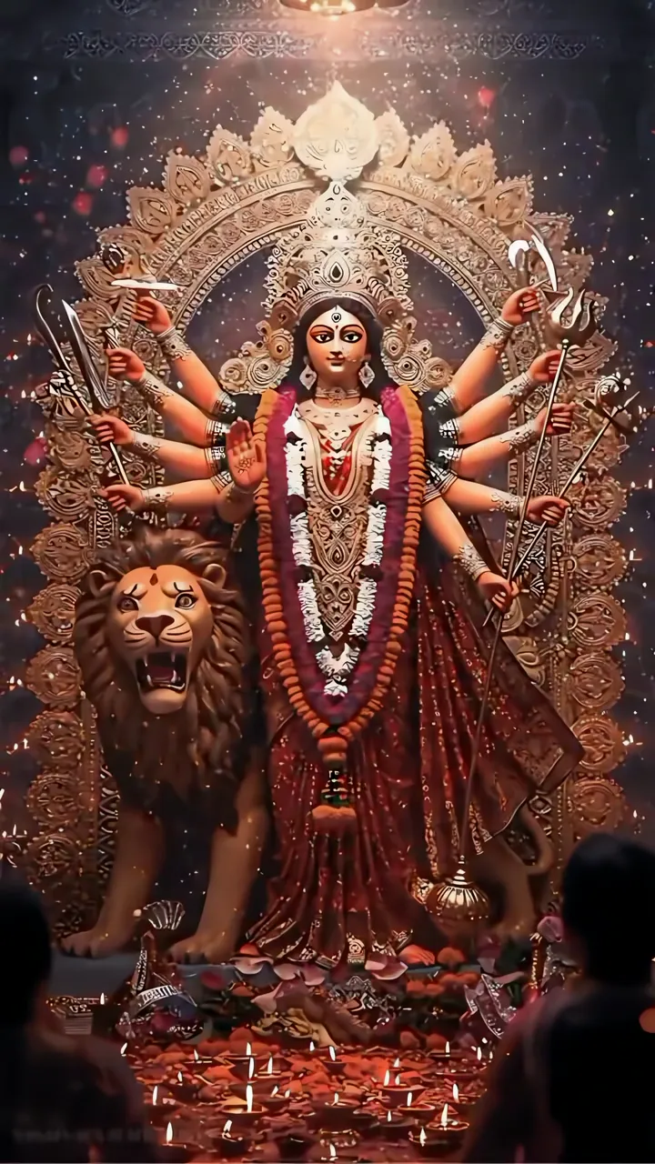 Durga Devi With Lion And Divine Weapons