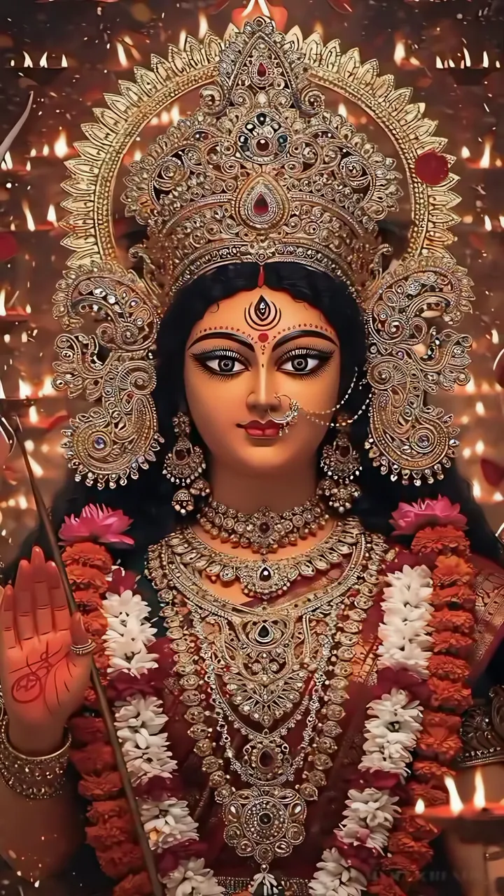 Goddess Durga Divine Worship With Lotus And Fire Lights