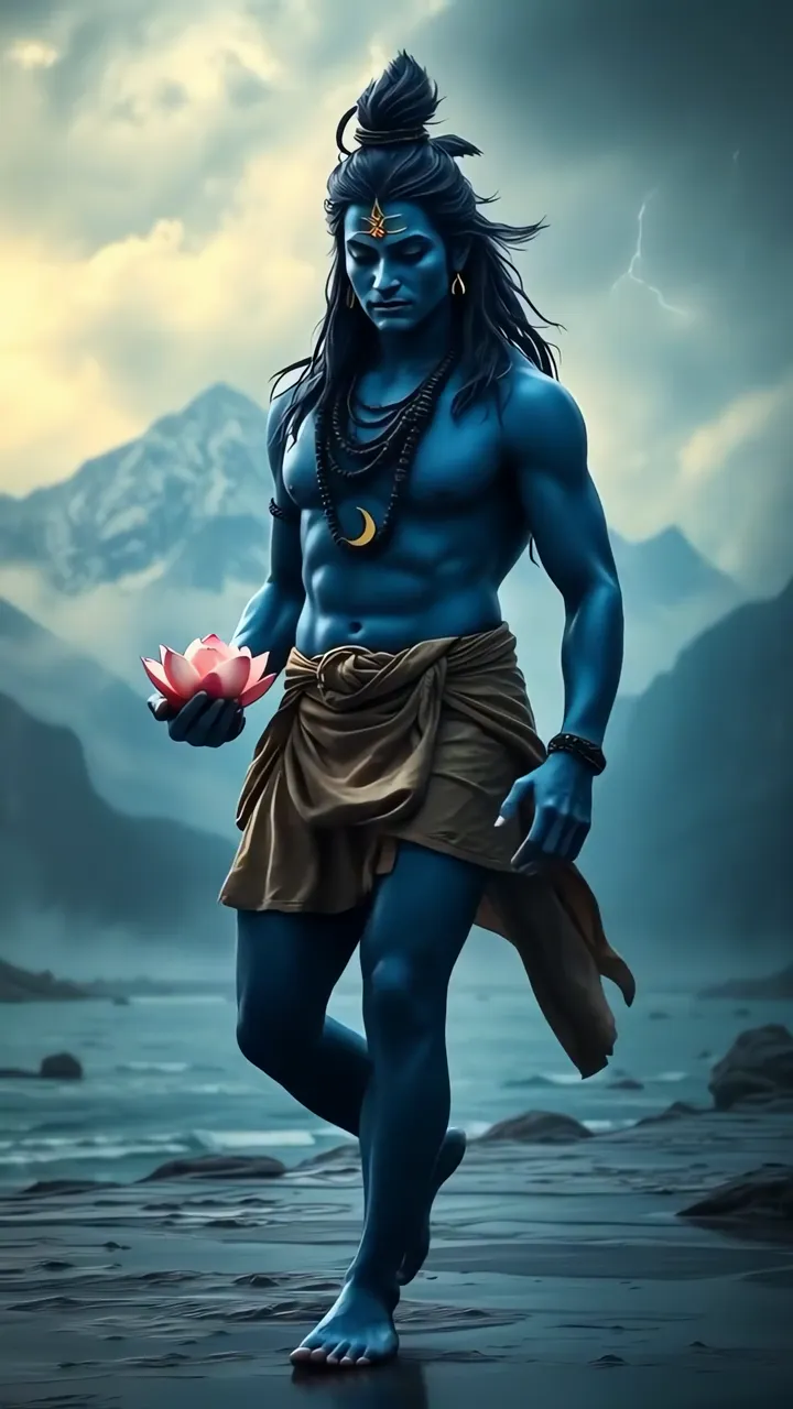 Shiva Walking With Lotus And Mountain Background