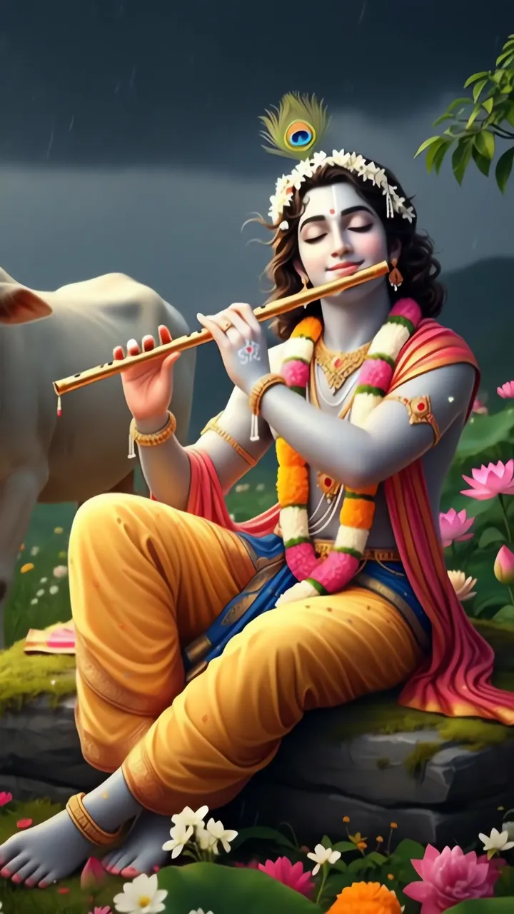 Lord Krishna Playing Divine Flute Amid Lotus And Rain