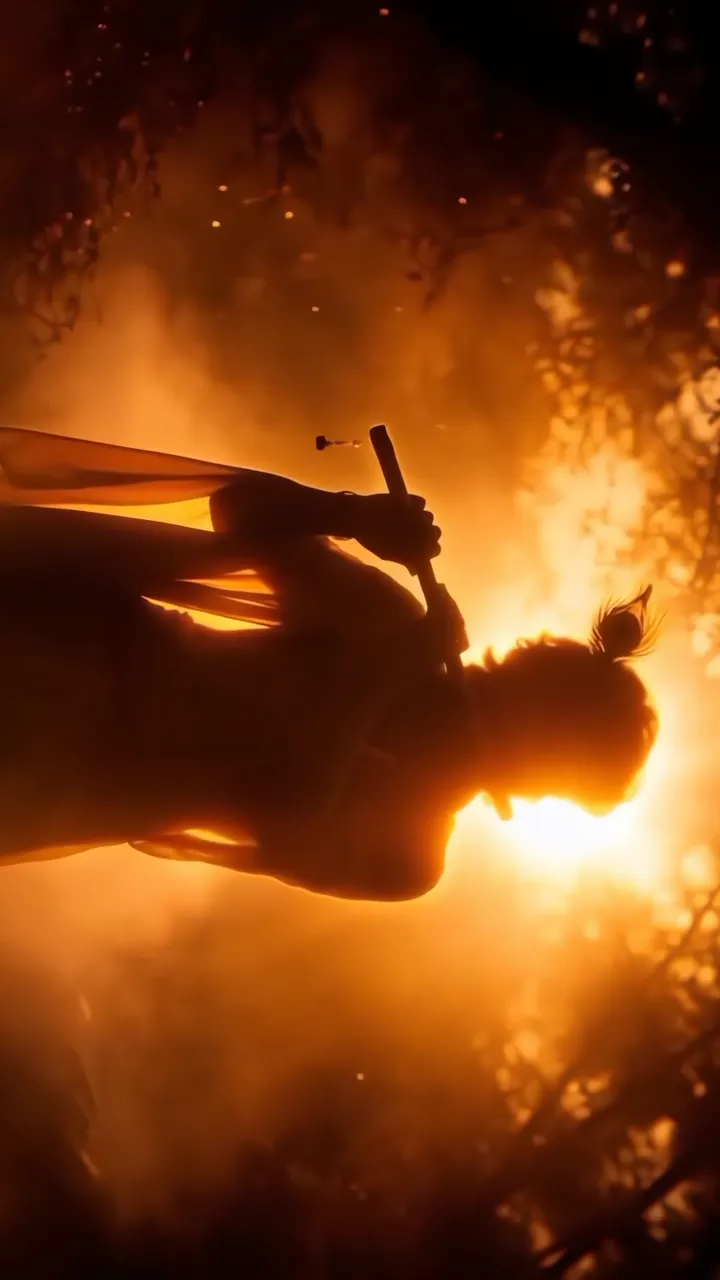 Krishna Playing Flute In Golden Sunset Forest