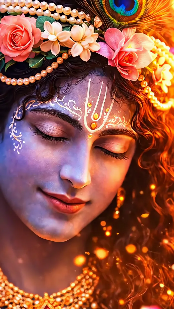 Krishna Divine Eyes With Floral Crown And Golden Aura