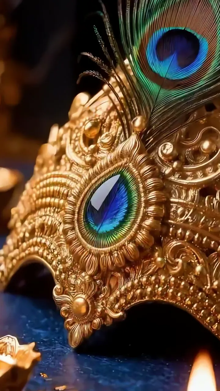 Peacock Feather Crown With Golden Ornament And Sacred Flame