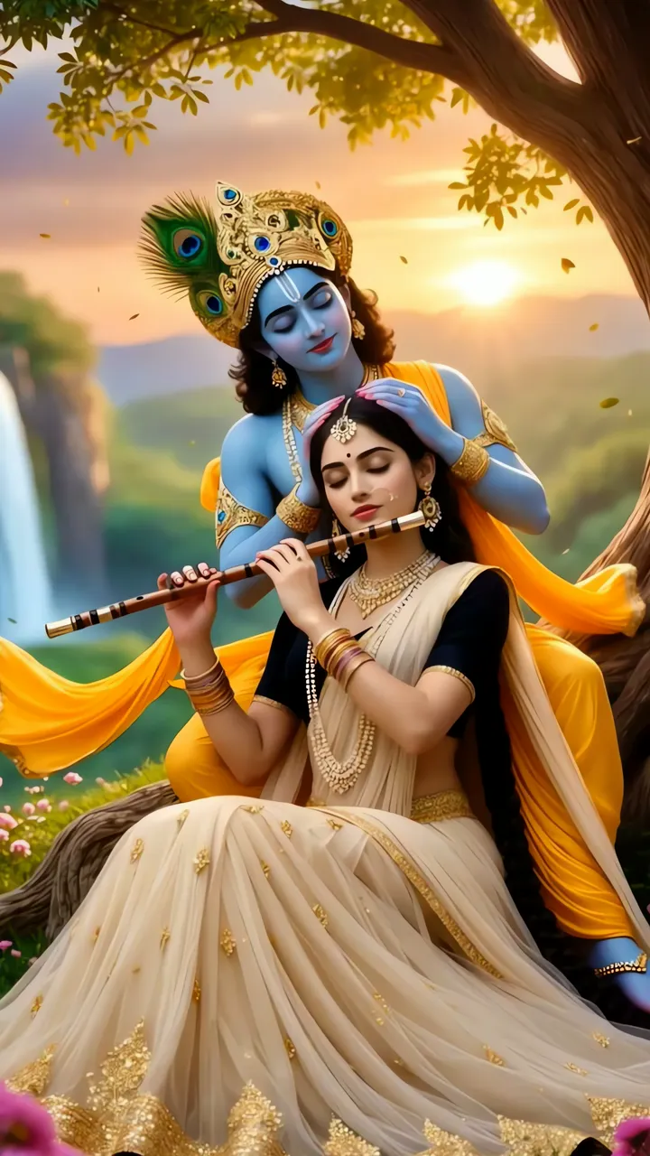 Radha Krishna Romantic Sunset Tree Scene With Flute