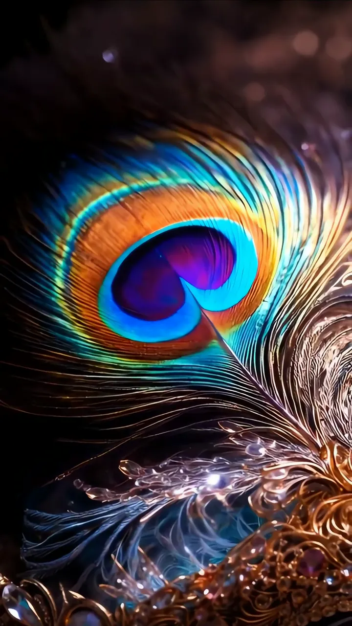 Glowing Peacock Feather With Golden Jewel Accents