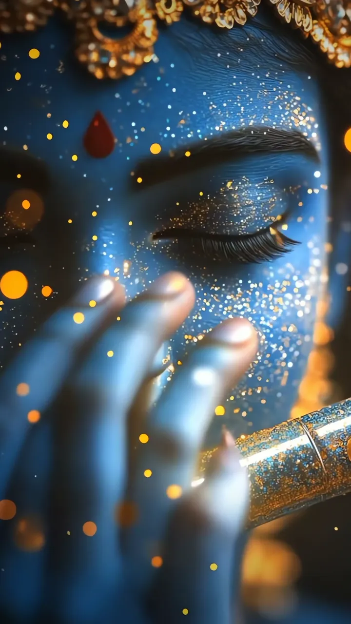 Blue Krishna With Golden Flute And Sparkling Aura