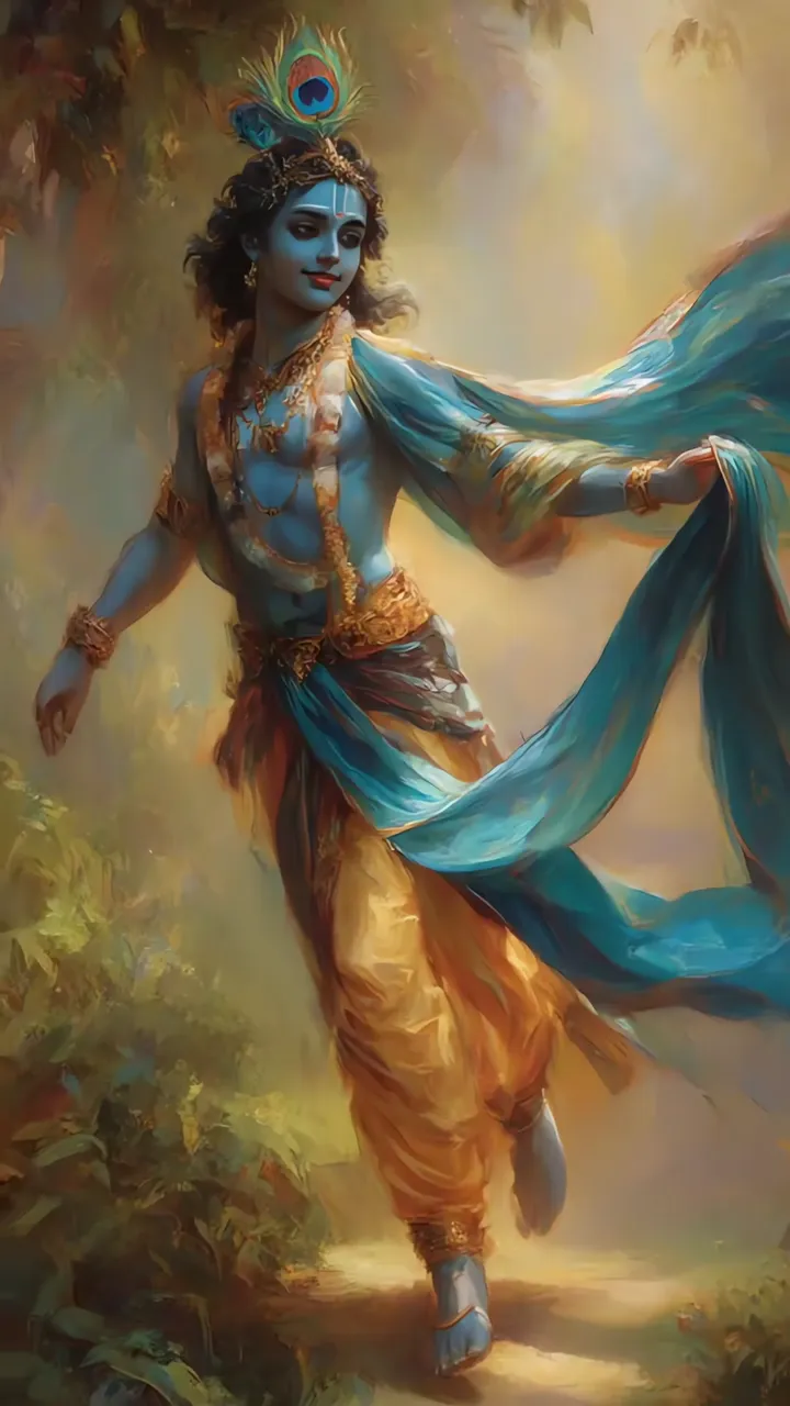 Krishna Divine Love Walk With Peacock Feather And Blue Aura