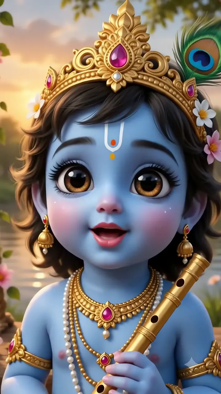 Baby Krishna Holding Flute With Peacock Feather And Golden Crown