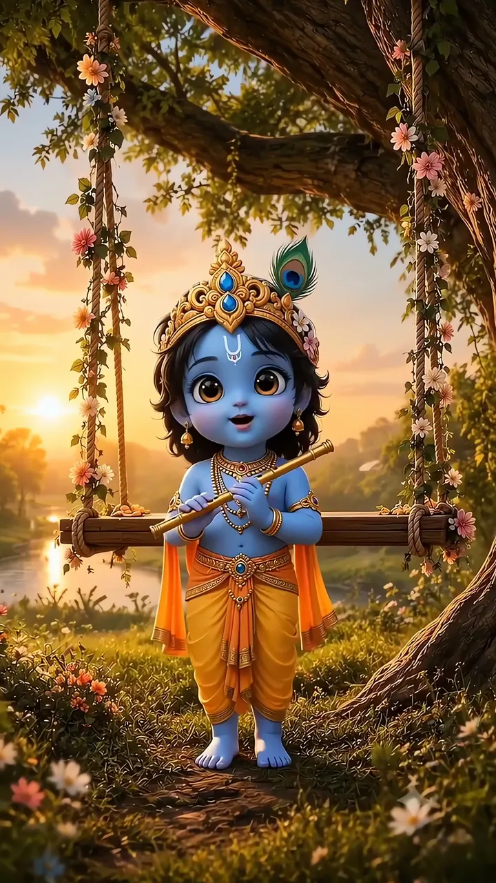 Cute Baby Krishna Playing Flute On Flowered Swing