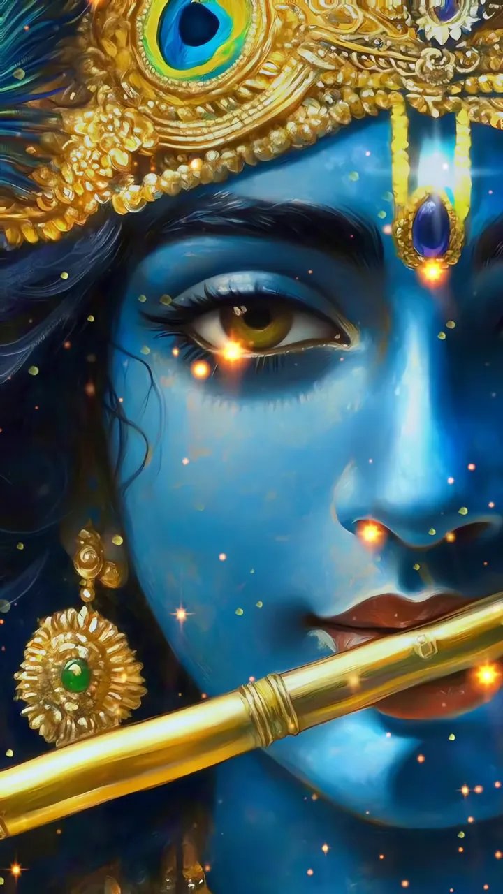 Blue Krishna Govinda Playing Golden Flute With Peacock Crown