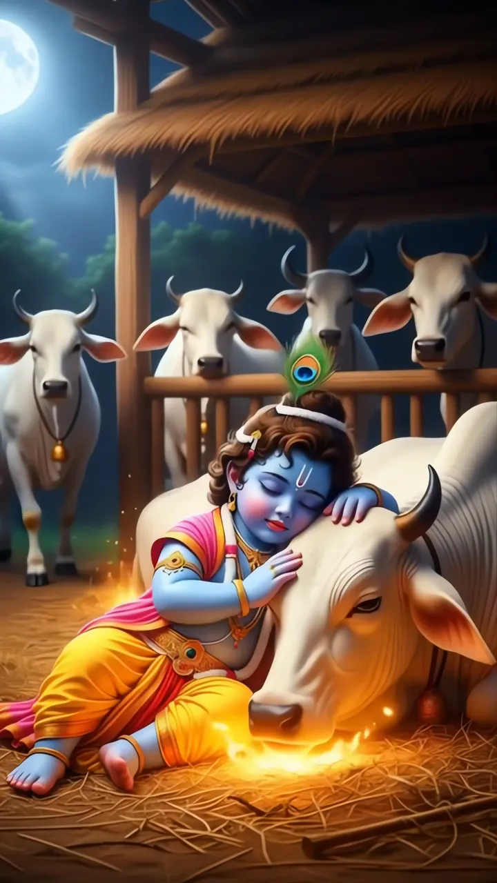 Krishna Sleeping On Cow With Moonlight And Peacock Feather