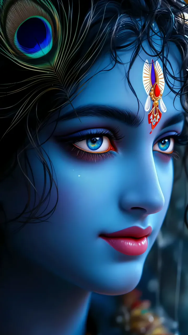 Blue Skinned Krishna With Peacock Feather And Sacred Bindu