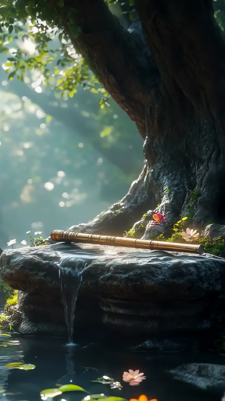 Krishna Sacred Bamboo Flute Under Ancient Tree