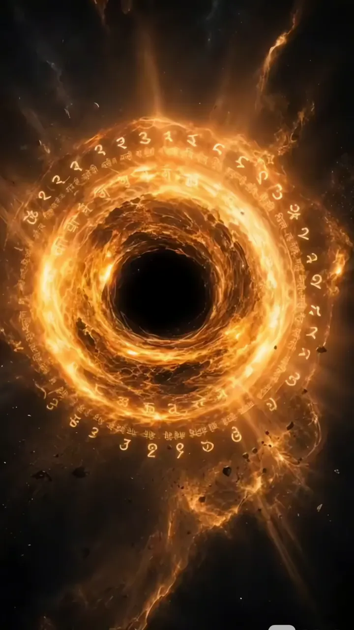 Golden Cosmic Portal With Sanskrit Script And Fire Halo