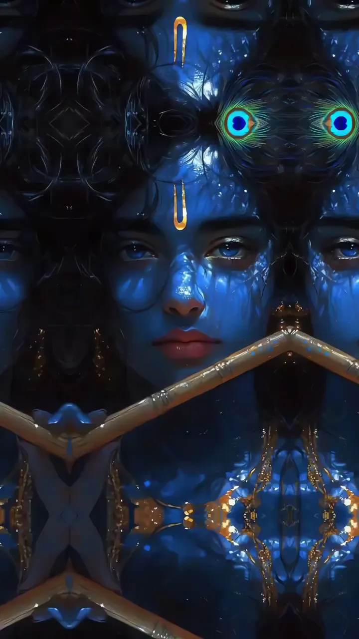 Blue Aura Krishna With Peacock Feathers And Mirror Symmetry