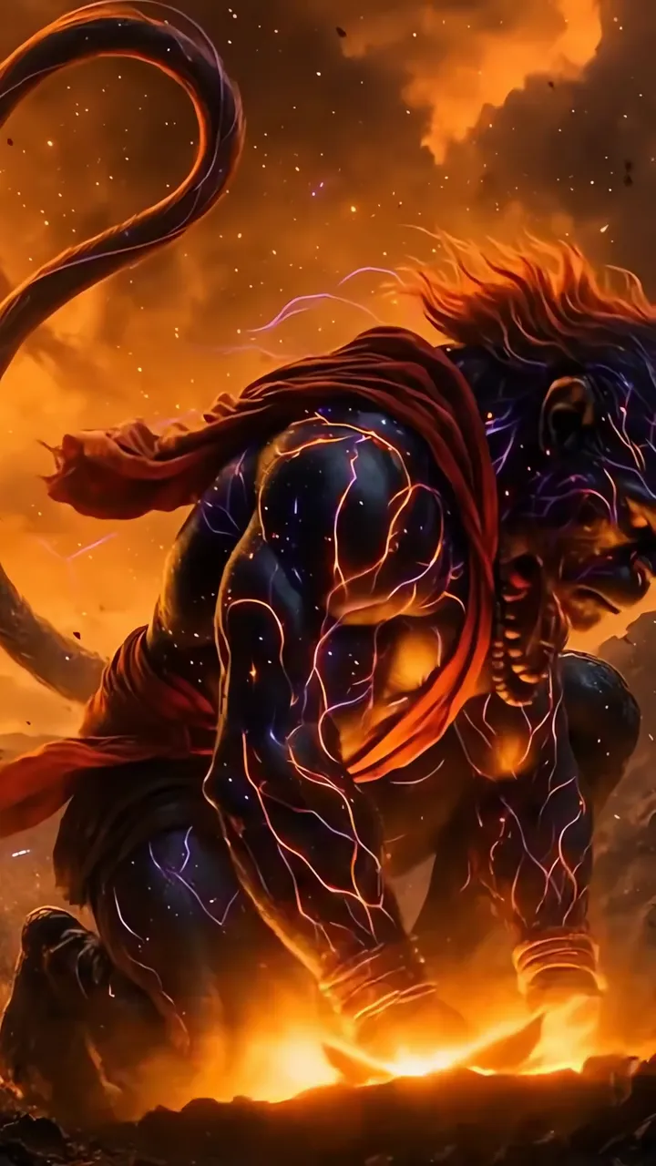 Powerful Hanuman With Lightning Aura And Fiery Background