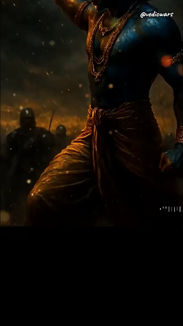Krishna Wisdom Warrior With Golden Chains And Rainy Battlefield