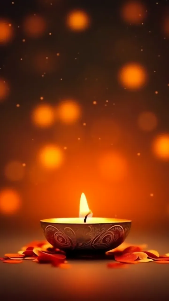 Diwali Diya Candle With Red Petals And Warm Glow