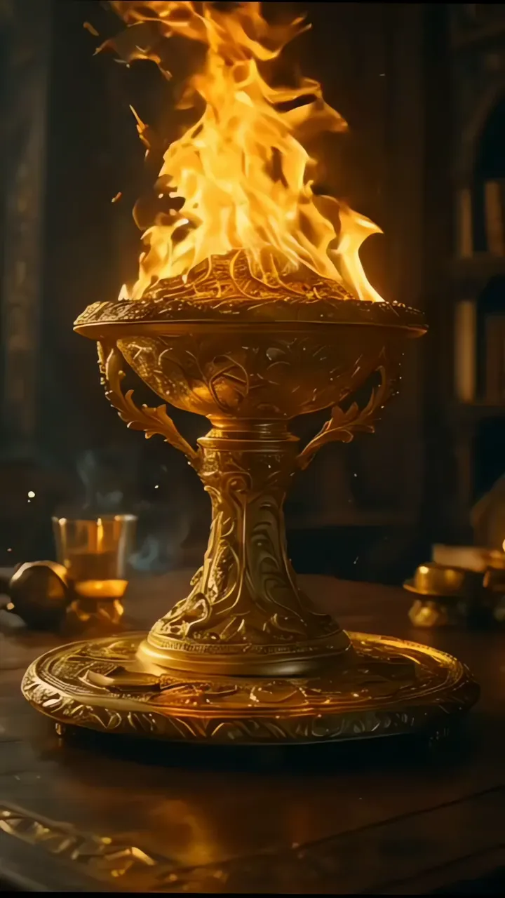 Golden Sacred Fire Bowl With Dancing Flames And Ornate Design
