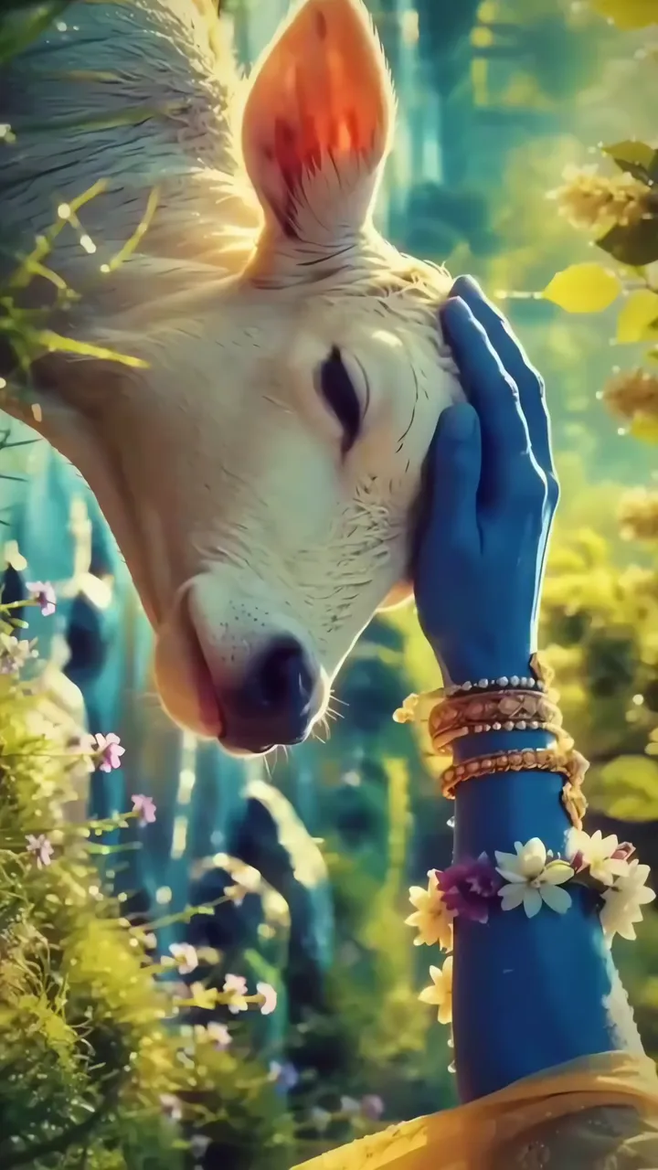 Blue Hand Gently Petting Sacred Deer In Peaceful Forest