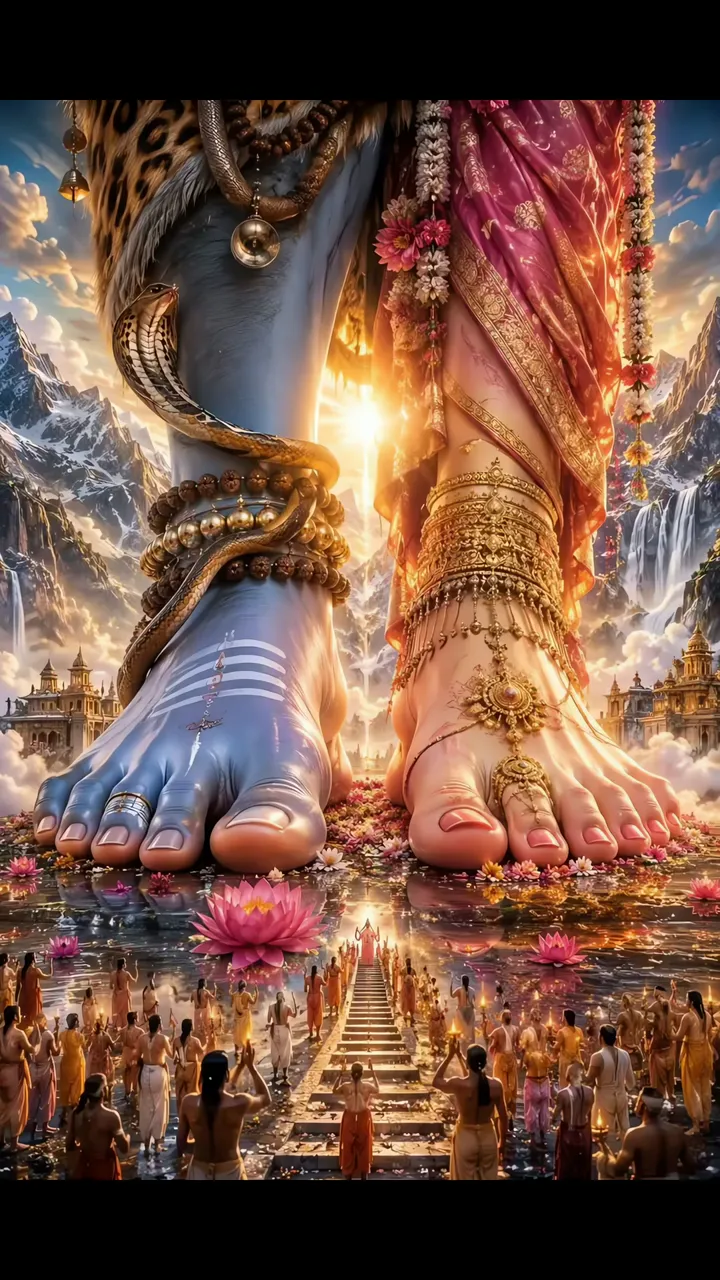Shiva's Divine Feet With Snake And Lotus Temple Scene