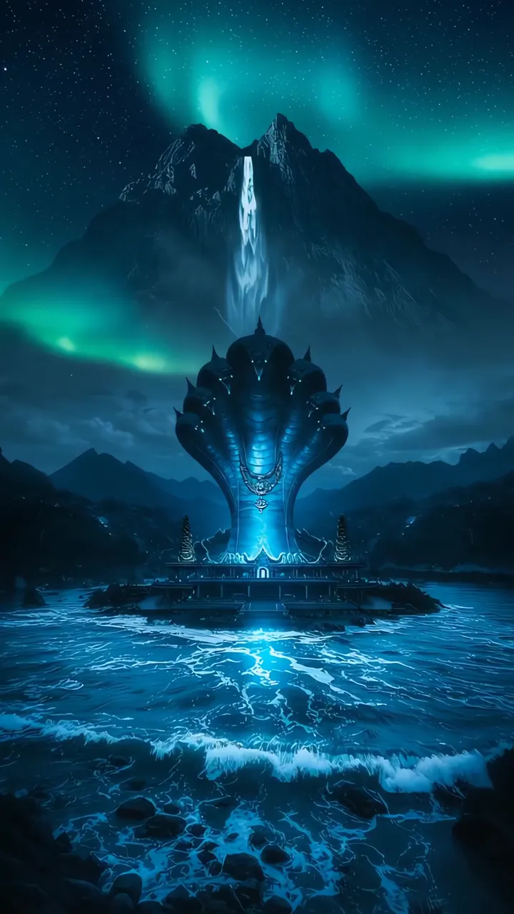 Vishnu Narayana Divine Serpent Temple With Aurora