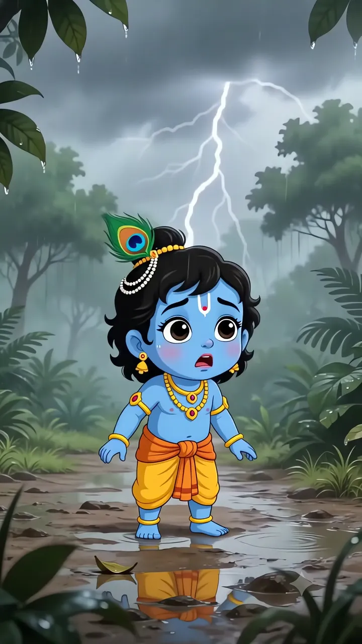 Baby Krishna In Rainforest Storm With Peacock Feather