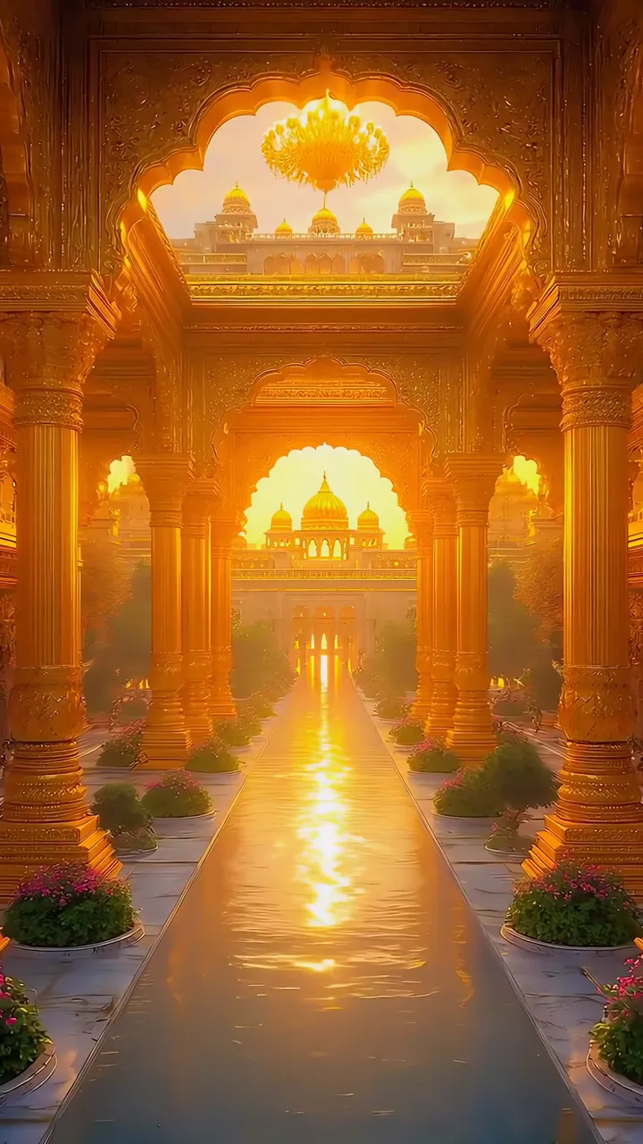 Ram Ji Aur Laxman Ji Temple With Golden Arch And Sunset Glow