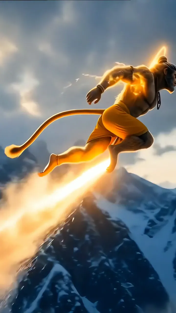 Hanuman Flying Over Snowy Mountains With Divine Golden Aura