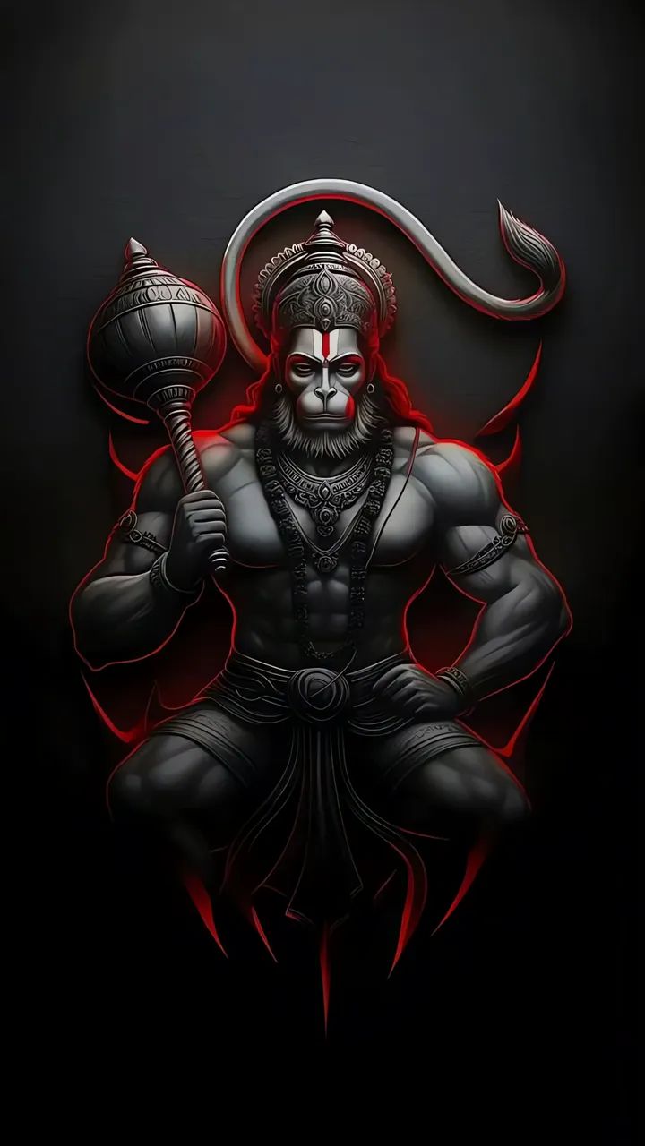 Powerful Hanuman With Red Aura And Divine Staff