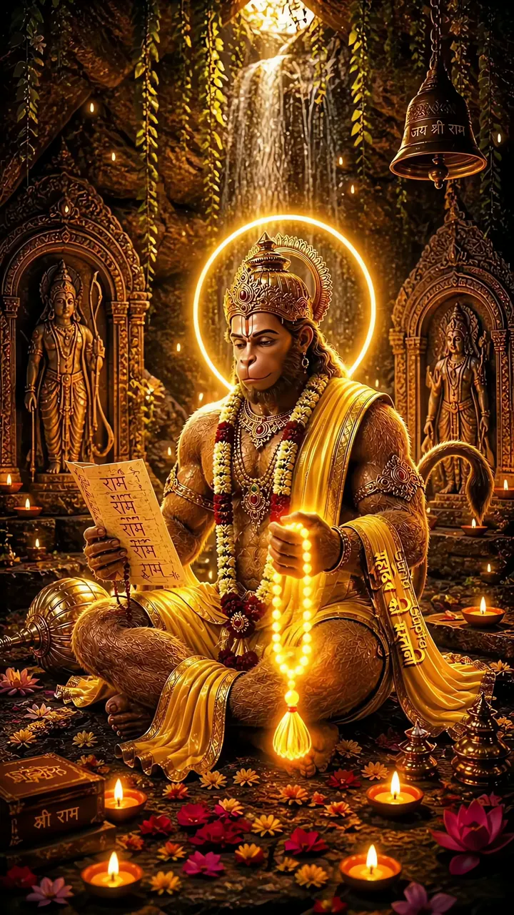 Hanuman Devotional Meditation With Golden Aura And Lotus Flowers